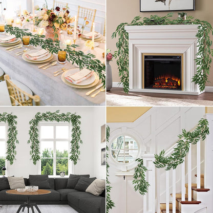 Artificial Willow Leaves Vine Twigs 2Pcs 6.2Ft Fake Hanging Plant Silk Leaf Ivy Garland Faux Italian Ruscus Greenery Indoor Outdoor Wedding Arch Jungle Beach Birthday Party Garden Decor