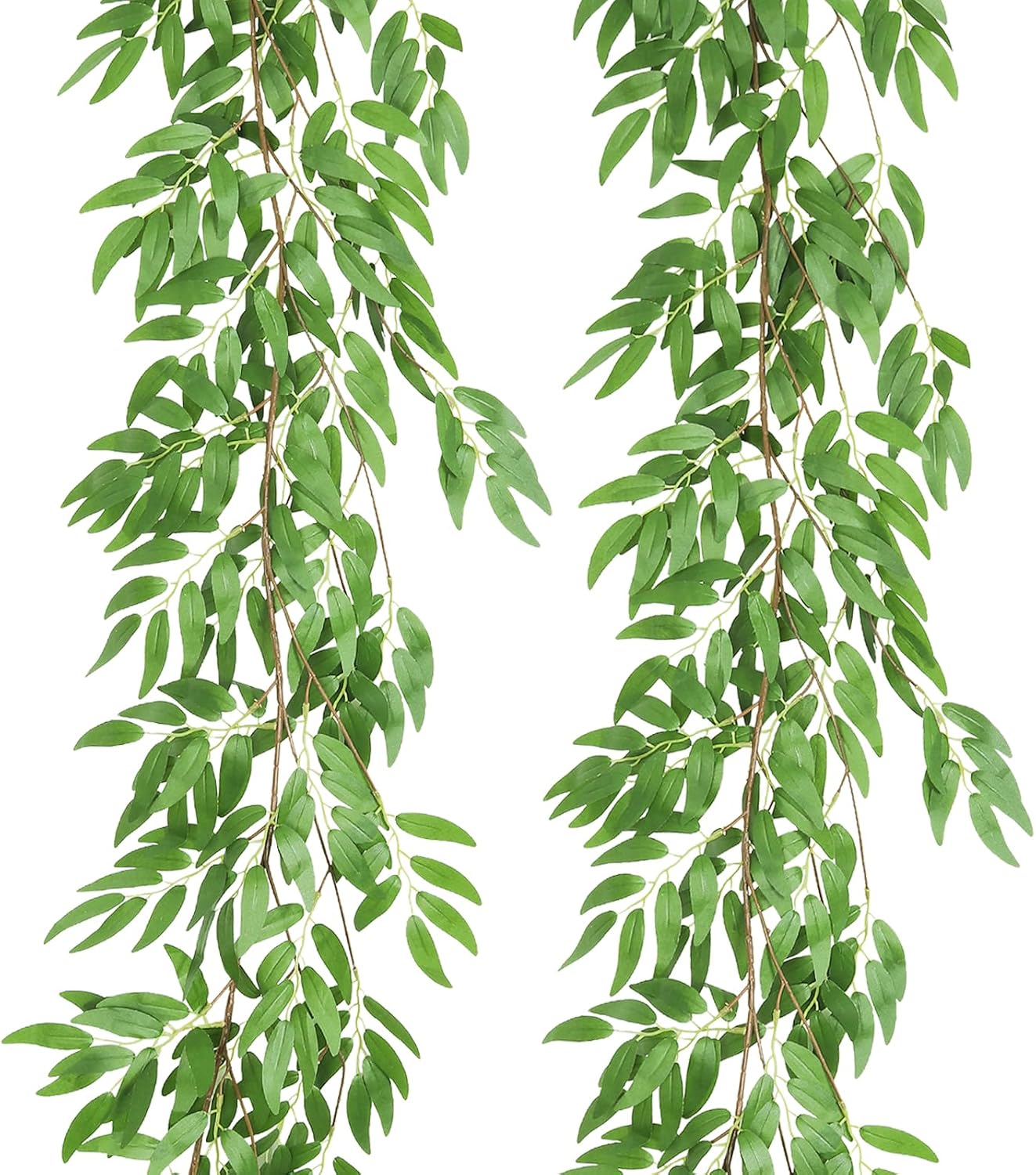 Artificial Willow Leaves Vine Twigs 2Pcs 6.2Ft Fake Hanging Plant Silk Leaf Ivy Garland Faux Italian Ruscus Greenery Indoor Outdoor Wedding Arch Jungle Beach Birthday Party Garden Decor