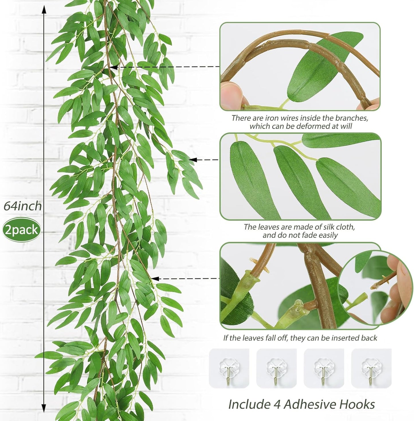 Artificial Willow Leaves Vine Twigs 2Pcs 6.2Ft Fake Hanging Plant Silk Leaf Ivy Garland Faux Italian Ruscus Greenery Indoor Outdoor Wedding Arch Jungle Beach Birthday Party Garden Decor
