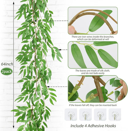 Artificial Willow Leaves Vine Twigs 2Pcs 6.2Ft Fake Hanging Plant Silk Leaf Ivy Garland Faux Italian Ruscus Greenery Indoor Outdoor Wedding Arch Jungle Beach Birthday Party Garden Decor
