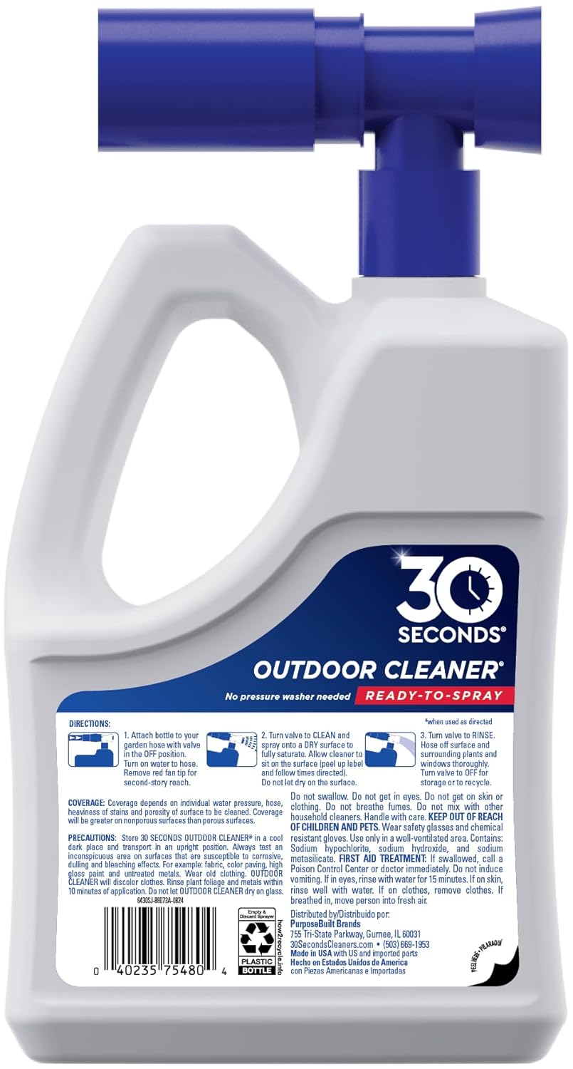 Outdoor Cleaner | Cleans Moss Stains from House, Vinyl Siding, Deck, Patio, Fence - 3 Capped Bottles, 1 Hose End Spray Attachment (64 Fl Oz (Pack of 3)