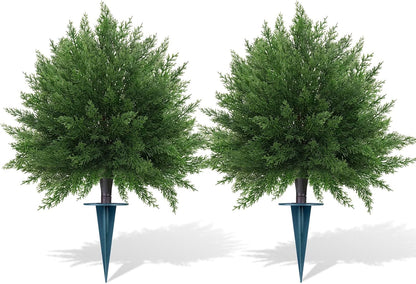 Artificial Cedar Topiary Trees with Ground Spike, 4 Pieces Fake Pine Shrubs Bushes, UV Resistant Faux Evergreen Cypress Tree Plants for Indoor Outdoor Planters Front Porch