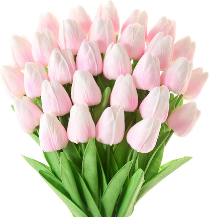 30 Pcs Tulips Artificial Flowers Fake Pink Flowers Latex Tulips Real Touch 13" Silk Flower for Spring Mother's Day Easter Gifts in Bulk Home Kitchen Wedding Decorations