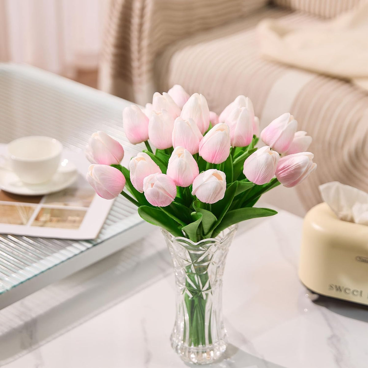 30 Pcs Tulips Artificial Flowers Fake Pink Flowers Latex Tulips Real Touch 13" Silk Flower for Spring Mother's Day Easter Gifts in Bulk Home Kitchen Wedding Decorations