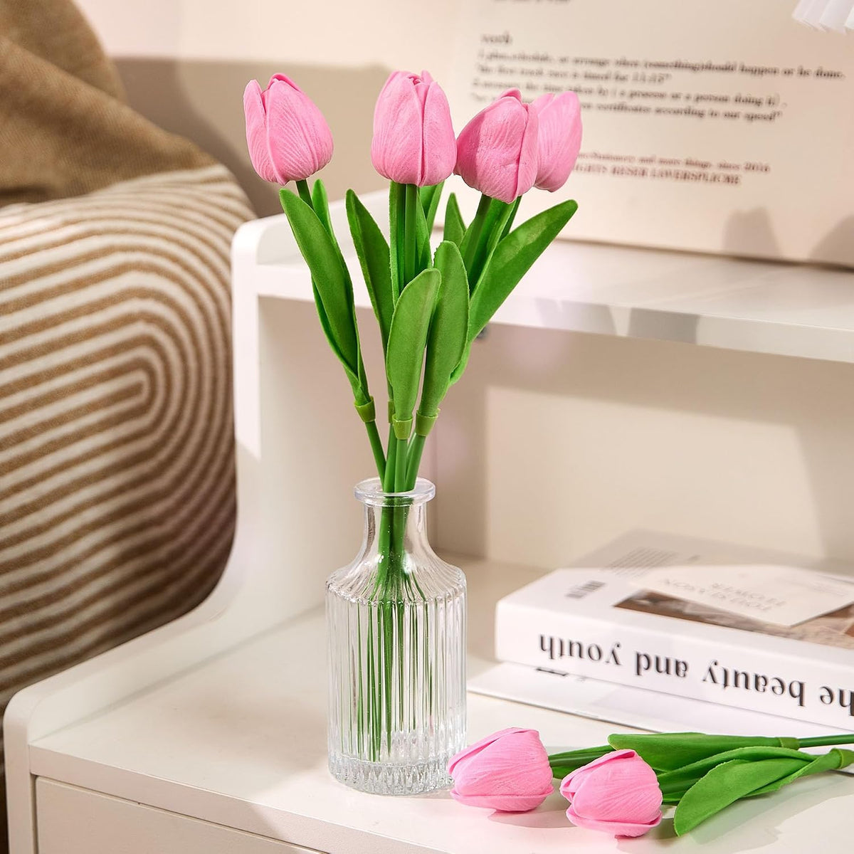 30 Pcs Tulips Artificial Flowers Fake Pink Flowers Latex Tulips Real Touch 13" Silk Flower for Spring Mother's Day Easter Gifts in Bulk Home Kitchen Wedding Decorations
