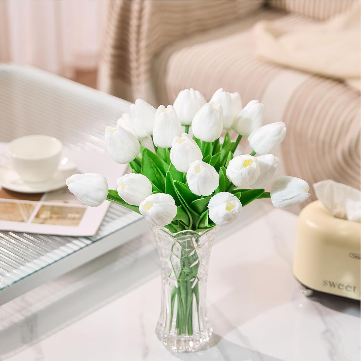 30 Pcs Tulips Artificial Flowers Fake Pink Flowers Latex Tulips Real Touch 13" Silk Flower for Spring Mother's Day Easter Gifts in Bulk Home Kitchen Wedding Decorations