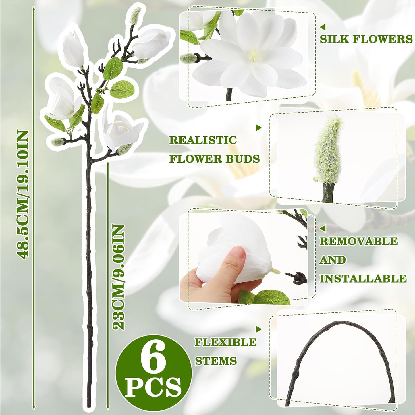 6 PCS Artificial Magnolia Flowers Stems | 19.1 Inch Fake White Flora Branches Realistic Home Decor Tall Vase Centerpiece Indoor Wedding Bouquet Filler