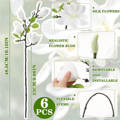 6 PCS Artificial Magnolia Flowers Stems | 19.1 Inch Fake White Flora Branches Realistic Home Decor Tall Vase Centerpiece Indoor Wedding Bouquet Filler