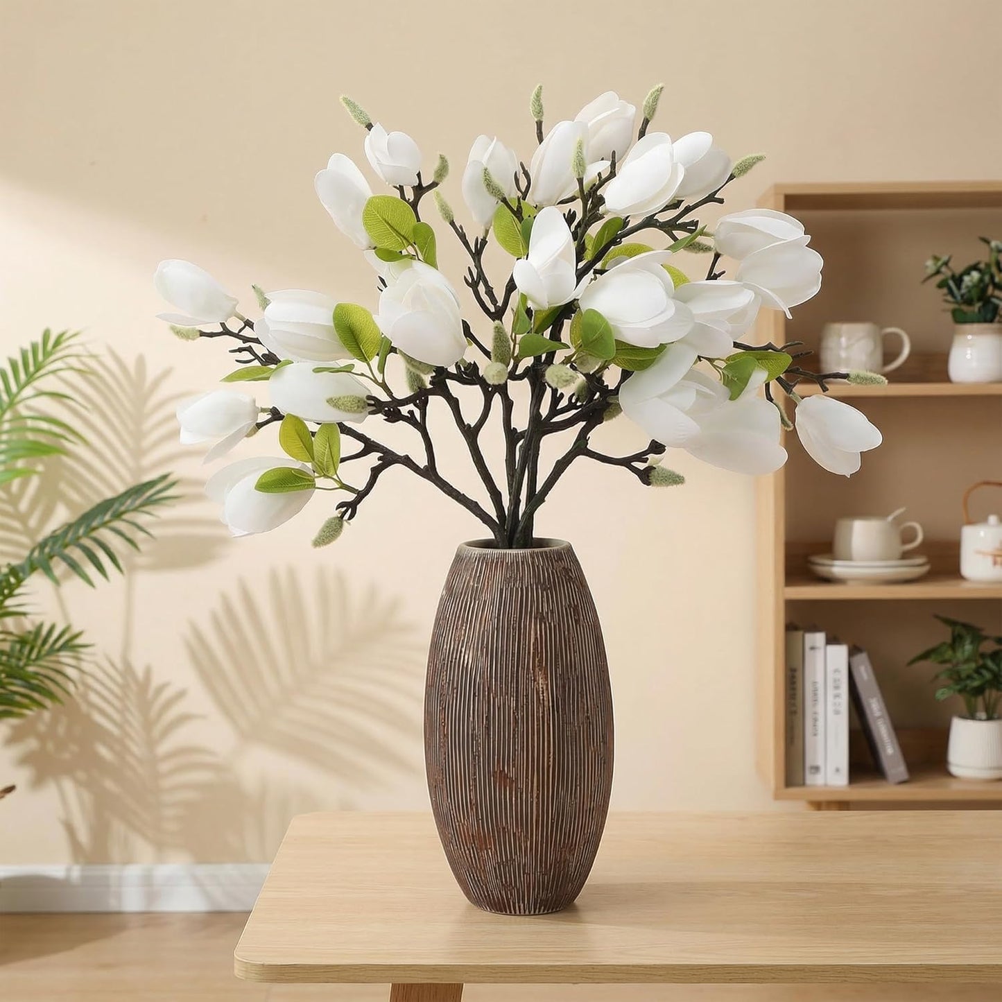 6 PCS Artificial Magnolia Flowers Stems | 19.1 Inch Fake White Flora Branches Realistic Home Decor Tall Vase Centerpiece Indoor Wedding Bouquet Filler