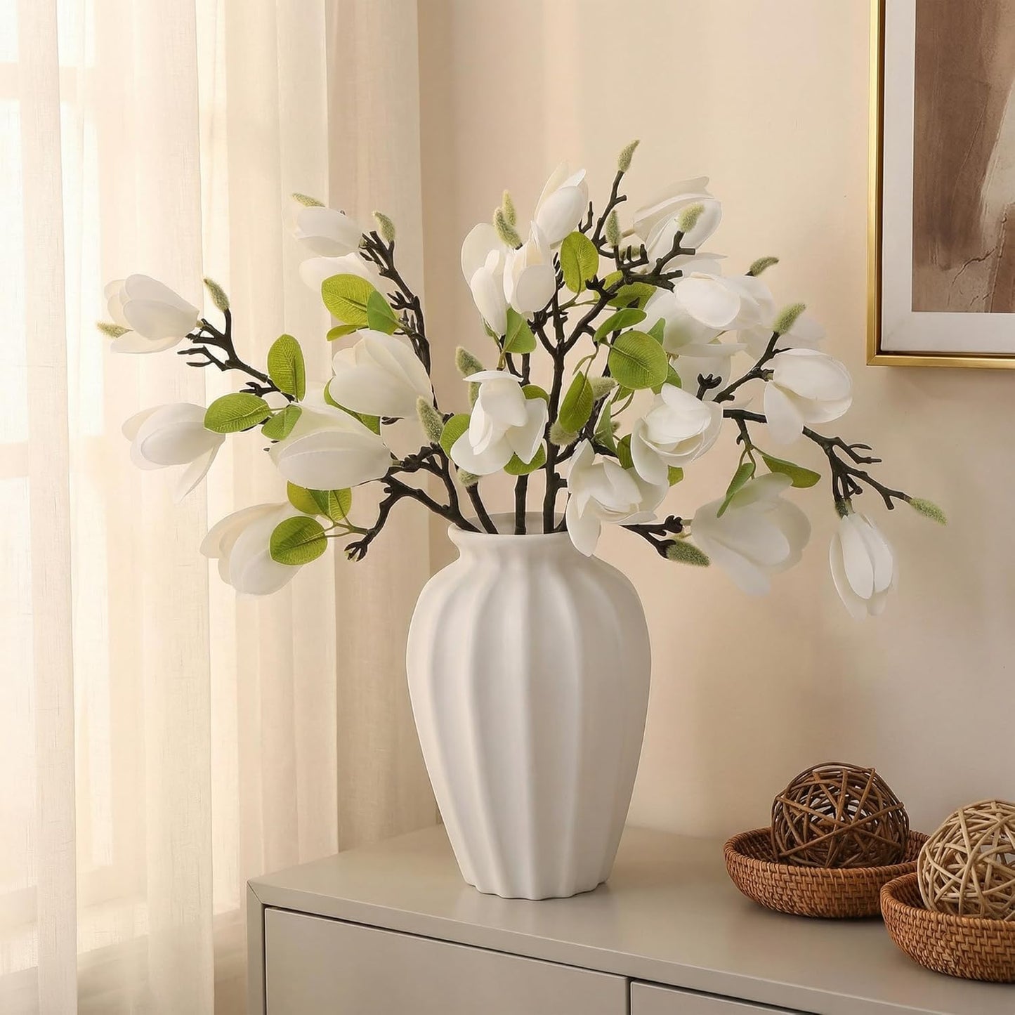 6 PCS Artificial Magnolia Flowers Stems | 19.1 Inch Fake White Flora Branches Realistic Home Decor Tall Vase Centerpiece Indoor Wedding Bouquet Filler
