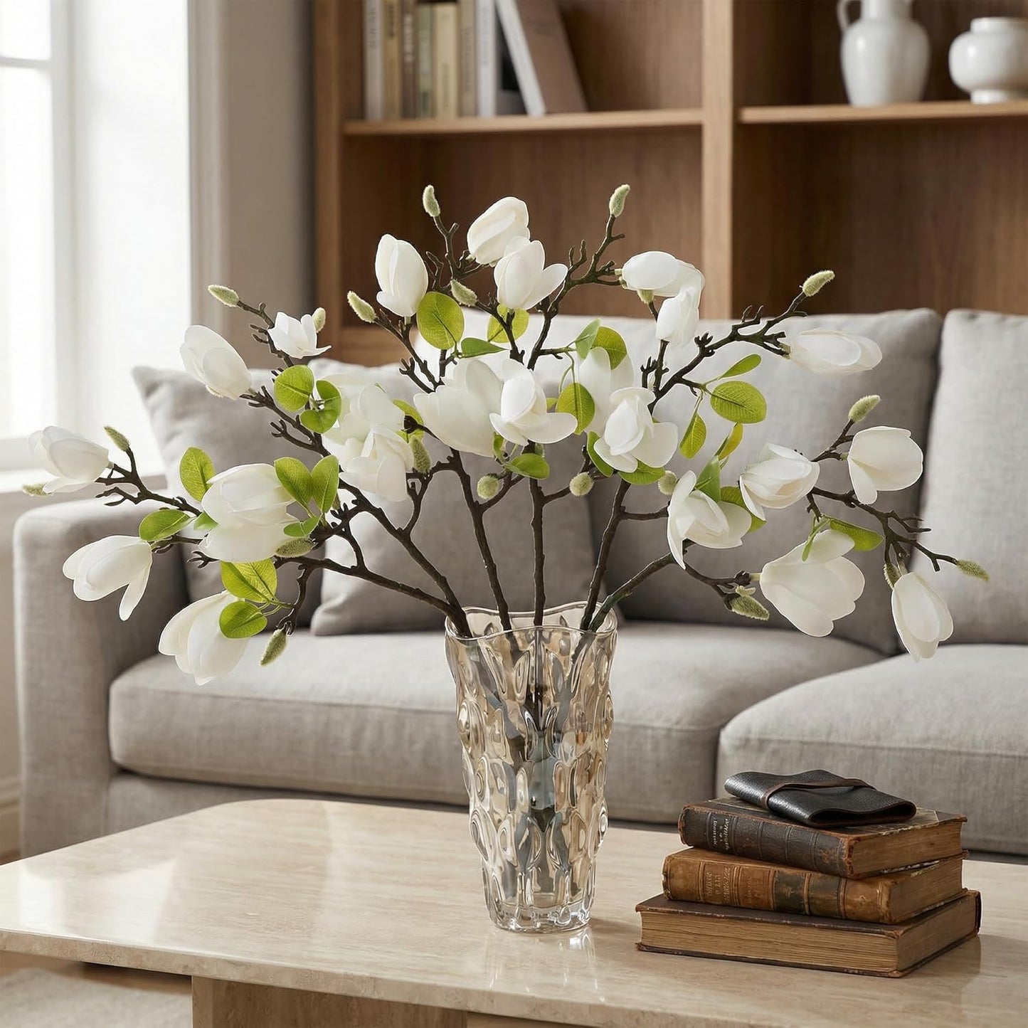 6 PCS Artificial Magnolia Flowers Stems | 19.1 Inch Fake White Flora Branches Realistic Home Decor Tall Vase Centerpiece Indoor Wedding Bouquet Filler