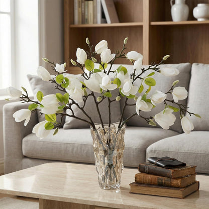 6 PCS Artificial Magnolia Flowers Stems | 19.1 Inch Fake White Flora Branches Realistic Home Decor Tall Vase Centerpiece Indoor Wedding Bouquet Filler