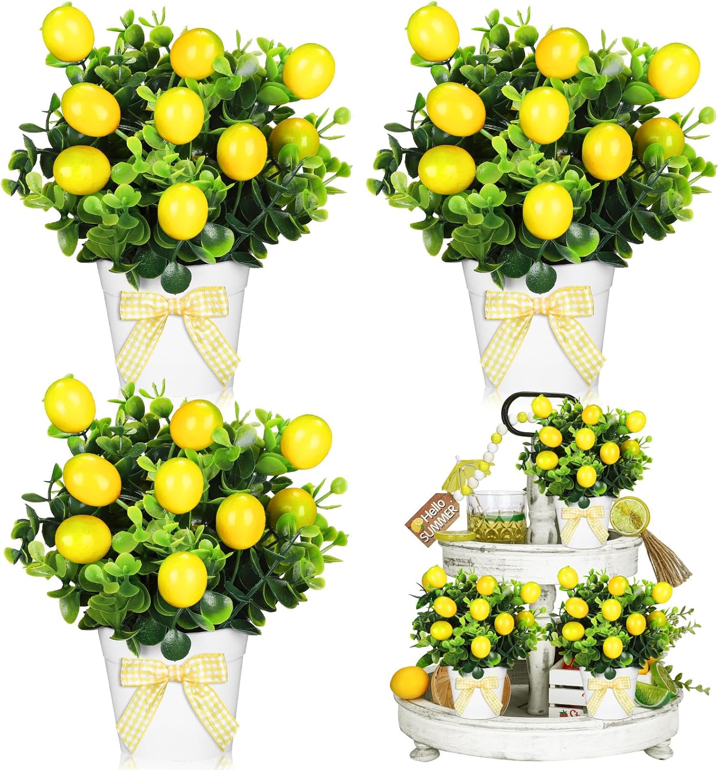 3 Set Summer Fruits Lemon Tiered Tray Decor Artificial Plant Farmhouse Home Decor Mini Fake Etrogplants Mini Vases Tiered Tray Greenery Accessory (Lemon)