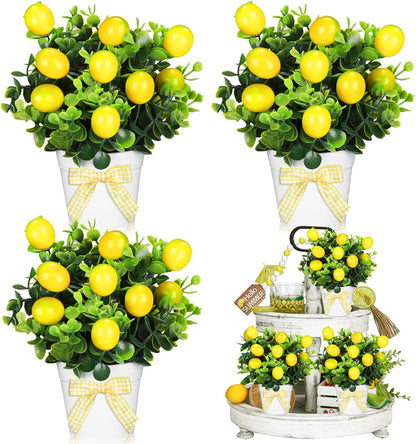 3 Set Summer Fruits Lemon Tiered Tray Decor Artificial Plant Farmhouse Home Decor Mini Fake Etrogplants Mini Vases Tiered Tray Greenery Accessory (Lemon)