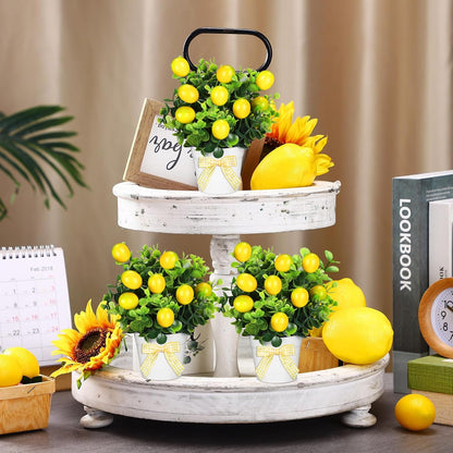 3 Set Summer Fruits Lemon Tiered Tray Decor Artificial Plant Farmhouse Home Decor Mini Fake Etrogplants Mini Vases Tiered Tray Greenery Accessory (Lemon)