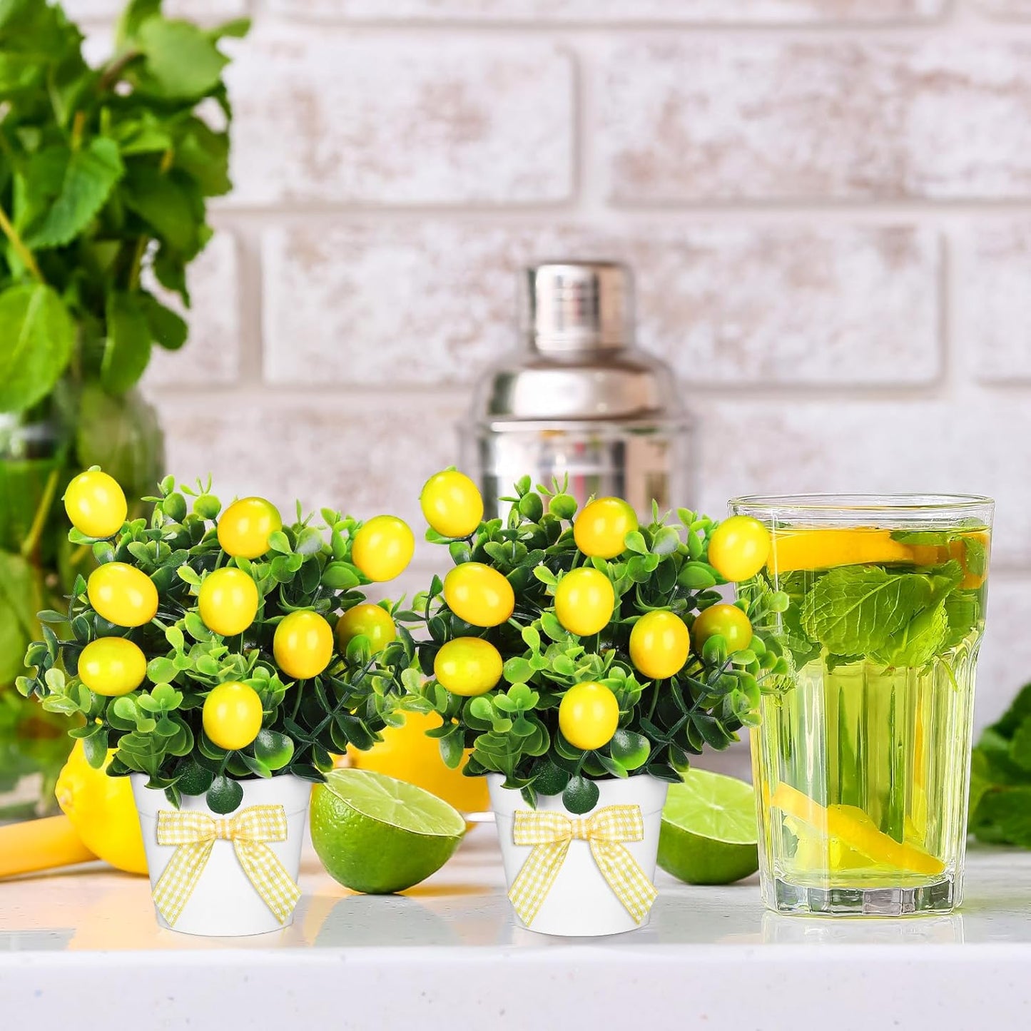 3 Set Summer Fruits Lemon Tiered Tray Decor Artificial Plant Farmhouse Home Decor Mini Fake Etrogplants Mini Vases Tiered Tray Greenery Accessory (Lemon)