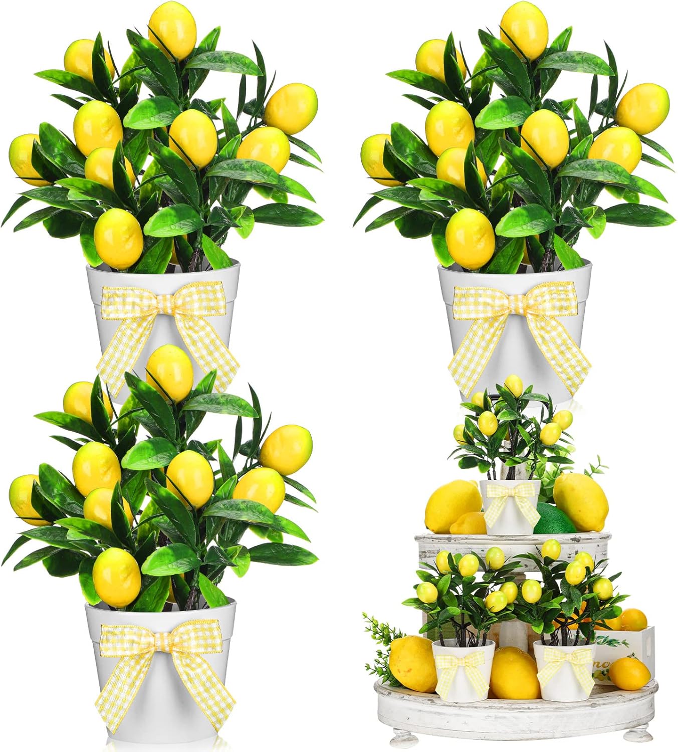 3 Set Summer Fruits Lemon Tiered Tray Decor Artificial Plant Farmhouse Home Decor Mini Fake Etrogplants Mini Vases Tiered Tray Greenery Accessory (Lemon)
