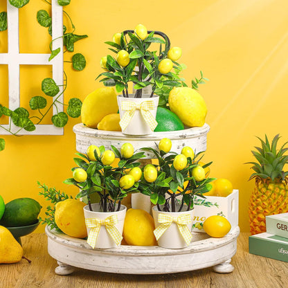 3 Set Summer Fruits Lemon Tiered Tray Decor Artificial Plant Farmhouse Home Decor Mini Fake Etrogplants Mini Vases Tiered Tray Greenery Accessory (Lemon)