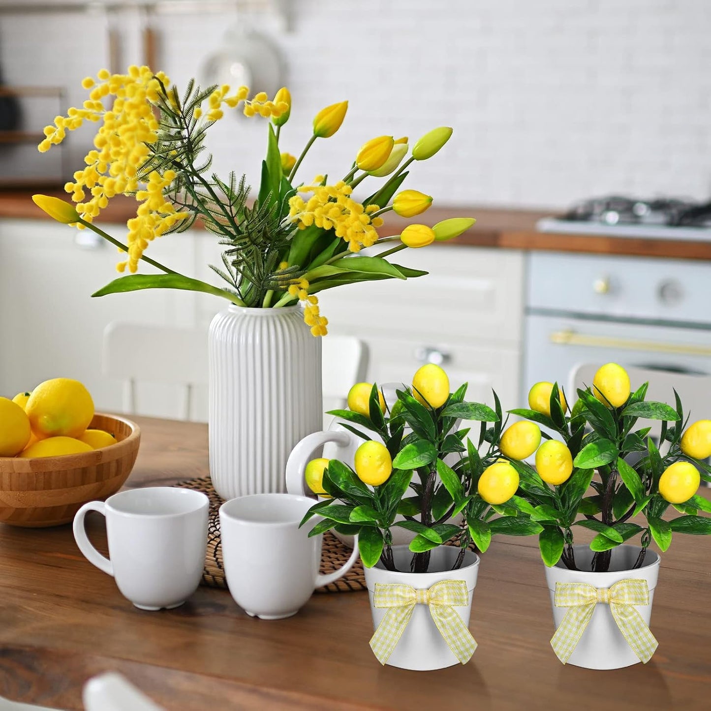 3 Set Summer Fruits Lemon Tiered Tray Decor Artificial Plant Farmhouse Home Decor Mini Fake Etrogplants Mini Vases Tiered Tray Greenery Accessory (Lemon)