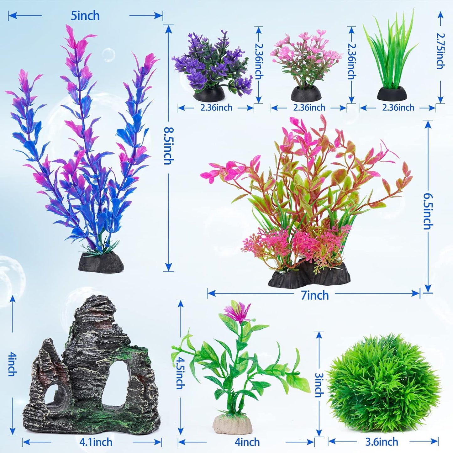 Aquarium Artificial Plastic Plants Decorations and Rock Cave Decor Set Goldfish Betta Fish Tank Accessories Small Large Fish Bowl Ornaments