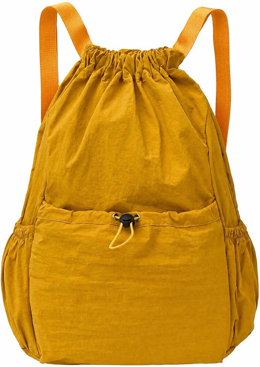 Drawstring Backpack for Women Men,Lightweight Foldable String Bag,Nylon Cinch Bag For Sports Gym Travel (Yellow)