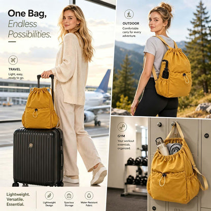 Drawstring Backpack for Women Men,Lightweight Foldable String Bag,Nylon Cinch Bag For Sports Gym Travel (Yellow)
