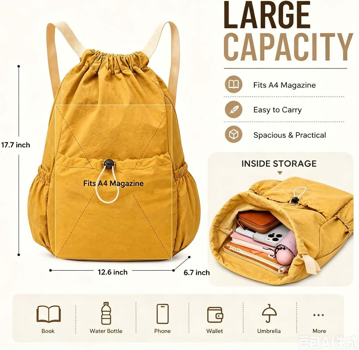 Drawstring Backpack for Women Men,Lightweight Foldable String Bag,Nylon Cinch Bag For Sports Gym Travel (Yellow)