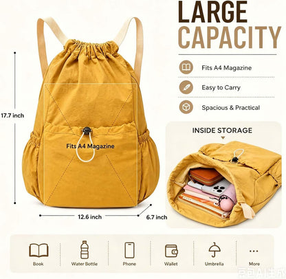 Drawstring Backpack for Women Men,Lightweight Foldable String Bag,Nylon Cinch Bag For Sports Gym Travel (Yellow)