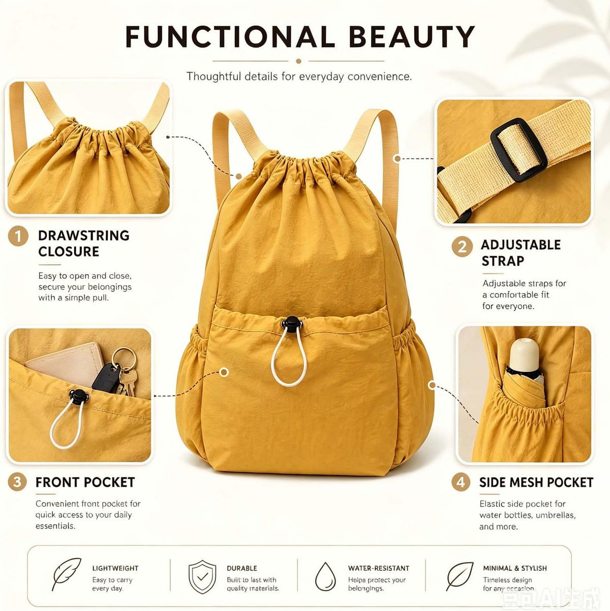 Drawstring Backpack for Women Men,Lightweight Foldable String Bag,Nylon Cinch Bag For Sports Gym Travel (Yellow)