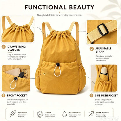 Drawstring Backpack for Women Men,Lightweight Foldable String Bag,Nylon Cinch Bag For Sports Gym Travel (Yellow)