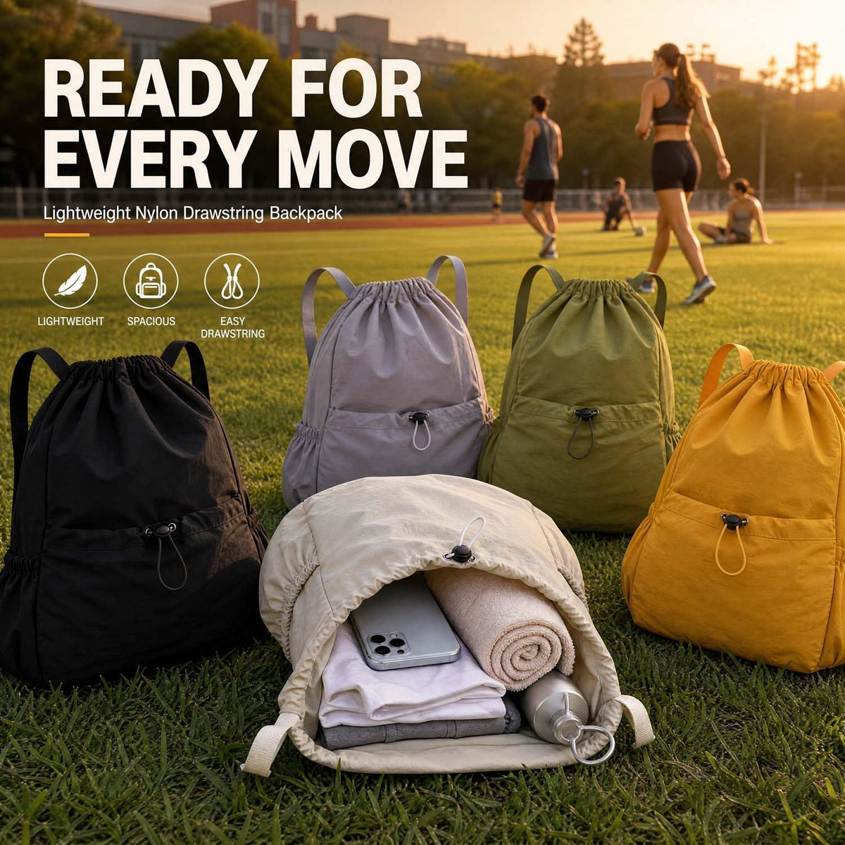Drawstring Backpack for Women Men,Lightweight Foldable String Bag,Nylon Cinch Bag For Sports Gym Travel (Yellow)