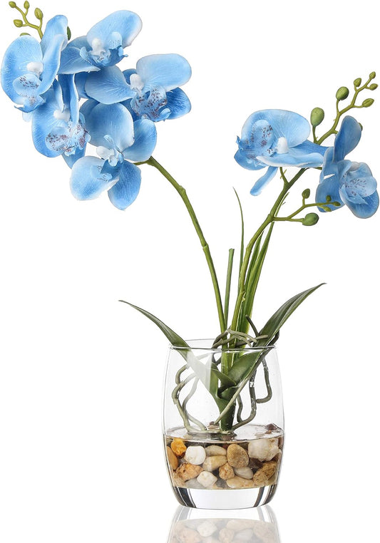 Jusdreen Artificial Purple Orchid in Glass Vase, Realistic Phalaenopsis Arrangement with Potting for Home Office Table Decor, 14.5 Inch Flower Centerpiece