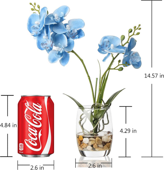 Jusdreen Artificial Purple Orchid in Glass Vase, Realistic Phalaenopsis Arrangement with Potting for Home Office Table Decor, 14.5 Inch Flower Centerpiece