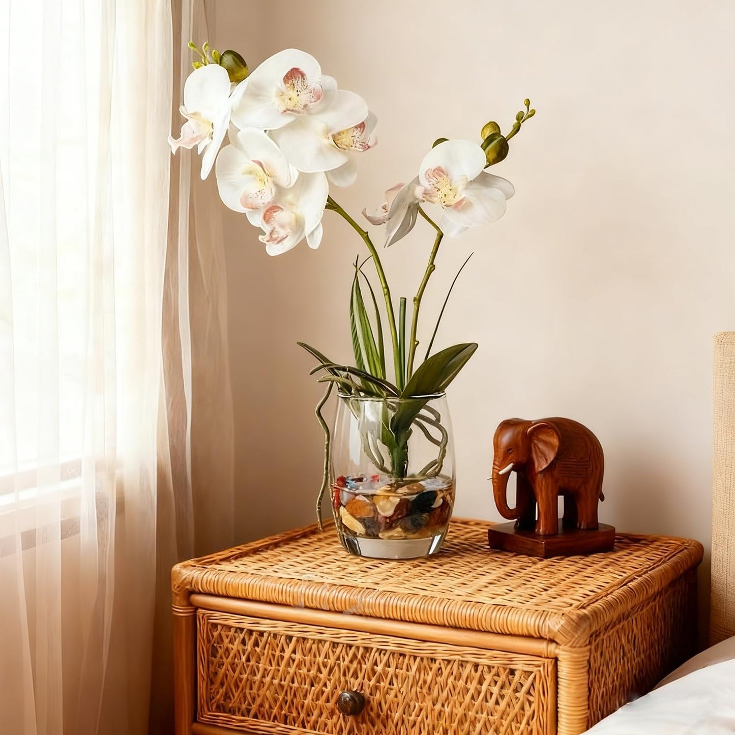 Jusdreen Artificial Purple Orchid in Glass Vase, Realistic Phalaenopsis Arrangement with Potting for Home Office Table Decor, 14.5 Inch Flower Centerpiece