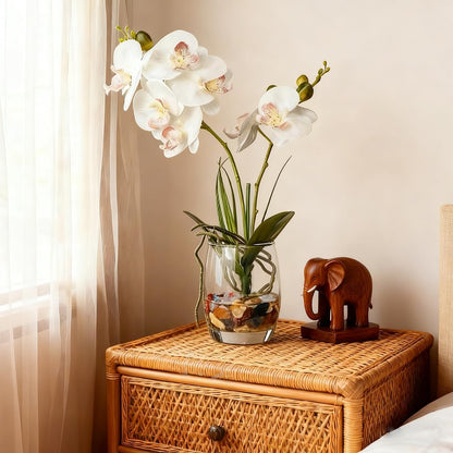 Jusdreen Artificial Purple Orchid in Glass Vase, Realistic Phalaenopsis Arrangement with Potting for Home Office Table Decor, 14.5 Inch Flower Centerpiece