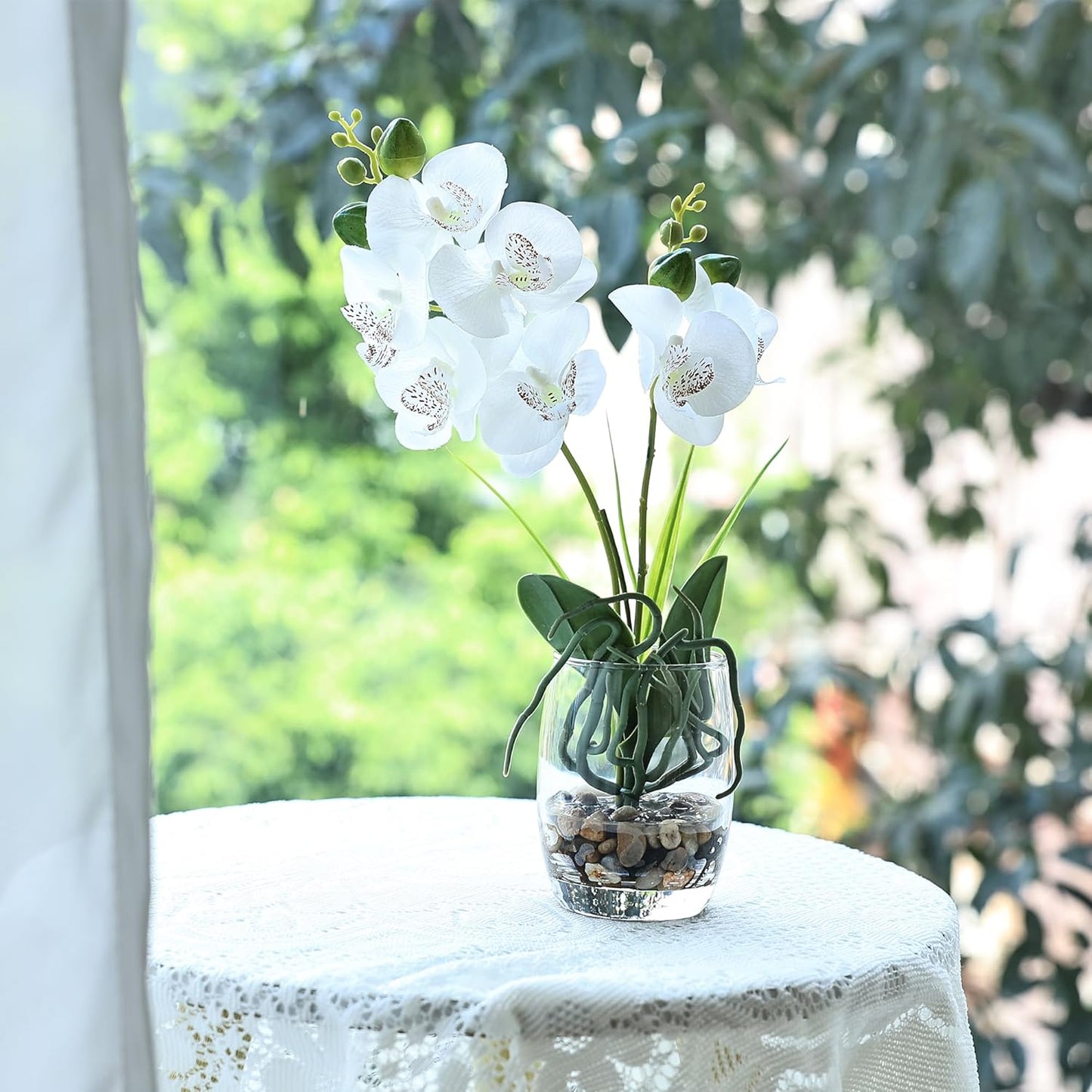 Jusdreen Artificial Purple Orchid in Glass Vase, Realistic Phalaenopsis Arrangement with Potting for Home Office Table Decor, 14.5 Inch Flower Centerpiece