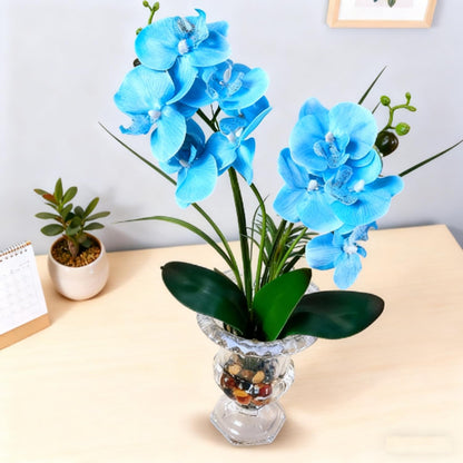 Jusdreen Artificial Purple Orchid in Glass Vase, Realistic Phalaenopsis Arrangement with Potting for Home Office Table Decor, 14.5 Inch Flower Centerpiece