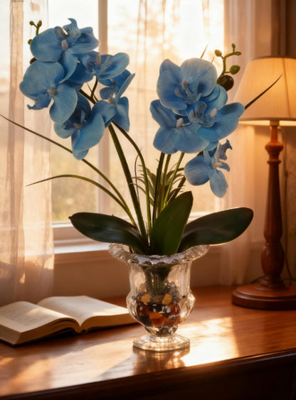 Jusdreen Artificial Purple Orchid in Glass Vase, Realistic Phalaenopsis Arrangement with Potting for Home Office Table Decor, 14.5 Inch Flower Centerpiece
