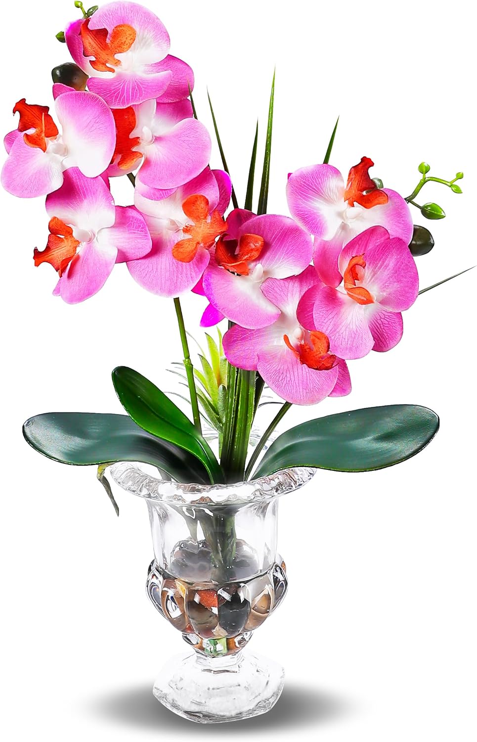 Jusdreen Artificial Purple Orchid in Glass Vase, Realistic Phalaenopsis Arrangement with Potting for Home Office Table Decor, 14.5 Inch Flower Centerpiece