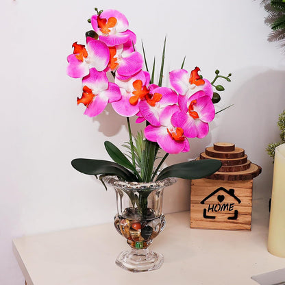 Jusdreen Artificial Purple Orchid in Glass Vase, Realistic Phalaenopsis Arrangement with Potting for Home Office Table Decor, 14.5 Inch Flower Centerpiece