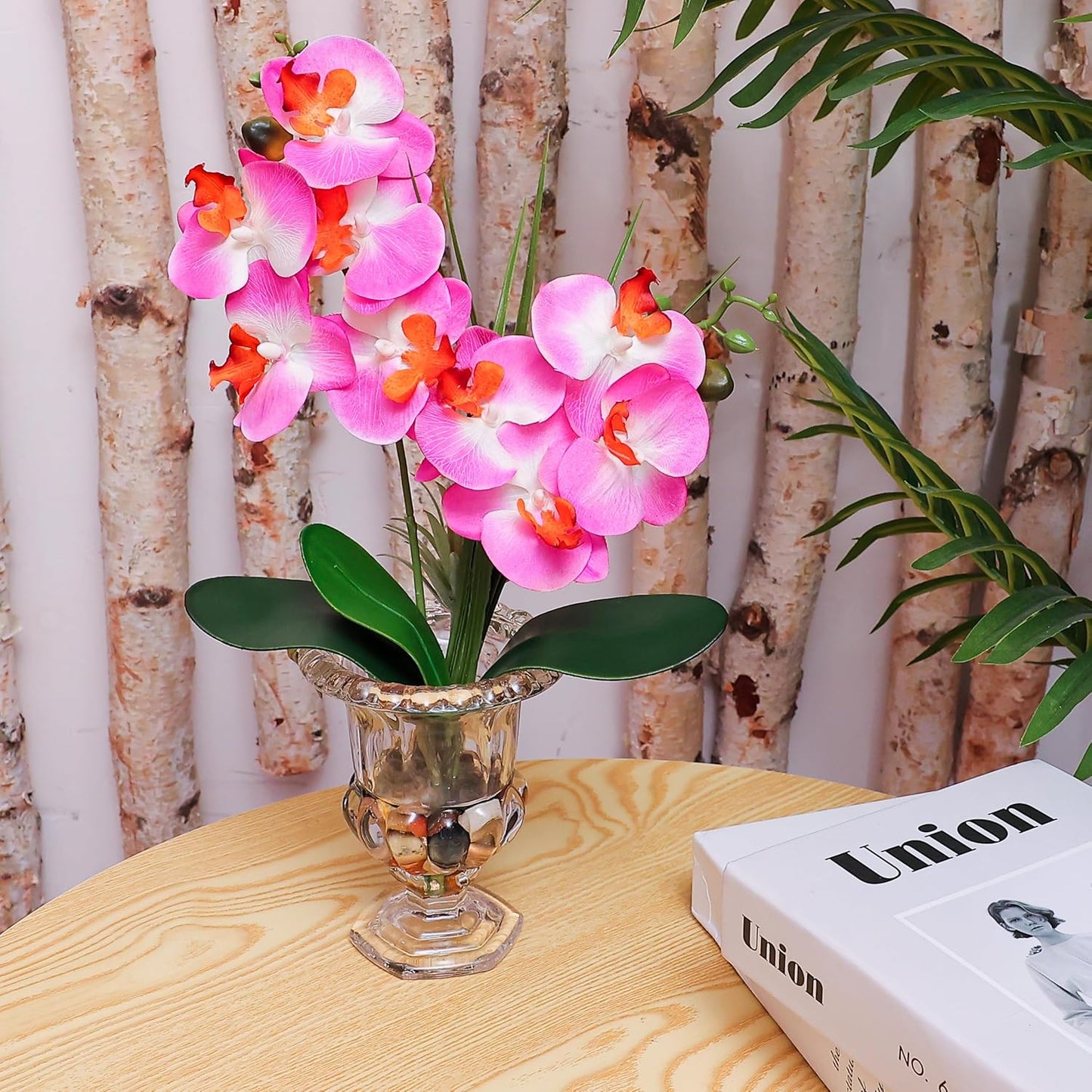 Jusdreen Artificial Purple Orchid in Glass Vase, Realistic Phalaenopsis Arrangement with Potting for Home Office Table Decor, 14.5 Inch Flower Centerpiece