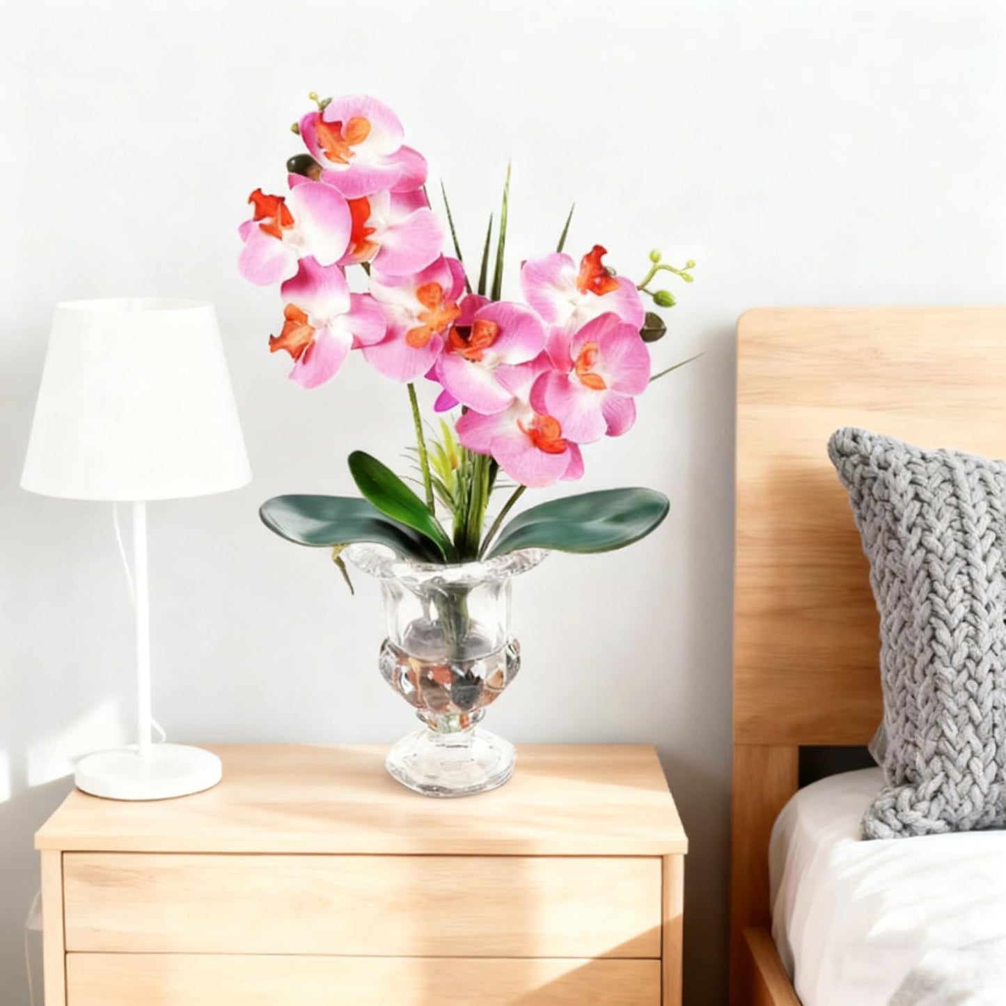 Jusdreen Artificial Purple Orchid in Glass Vase, Realistic Phalaenopsis Arrangement with Potting for Home Office Table Decor, 14.5 Inch Flower Centerpiece