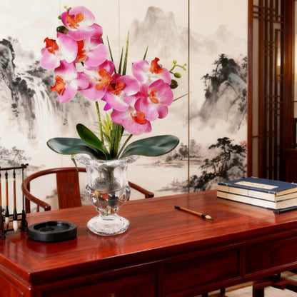 Jusdreen Artificial Purple Orchid in Glass Vase, Realistic Phalaenopsis Arrangement with Potting for Home Office Table Decor, 14.5 Inch Flower Centerpiece