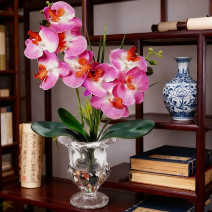 Jusdreen Artificial Purple Orchid in Glass Vase, Realistic Phalaenopsis Arrangement with Potting for Home Office Table Decor, 14.5 Inch Flower Centerpiece