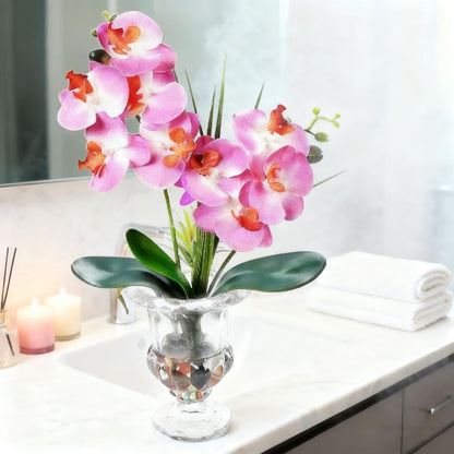 Jusdreen Artificial Purple Orchid in Glass Vase, Realistic Phalaenopsis Arrangement with Potting for Home Office Table Decor, 14.5 Inch Flower Centerpiece