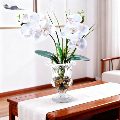 Jusdreen Artificial Purple Orchid in Glass Vase, Realistic Phalaenopsis Arrangement with Potting for Home Office Table Decor, 14.5 Inch Flower Centerpiece
