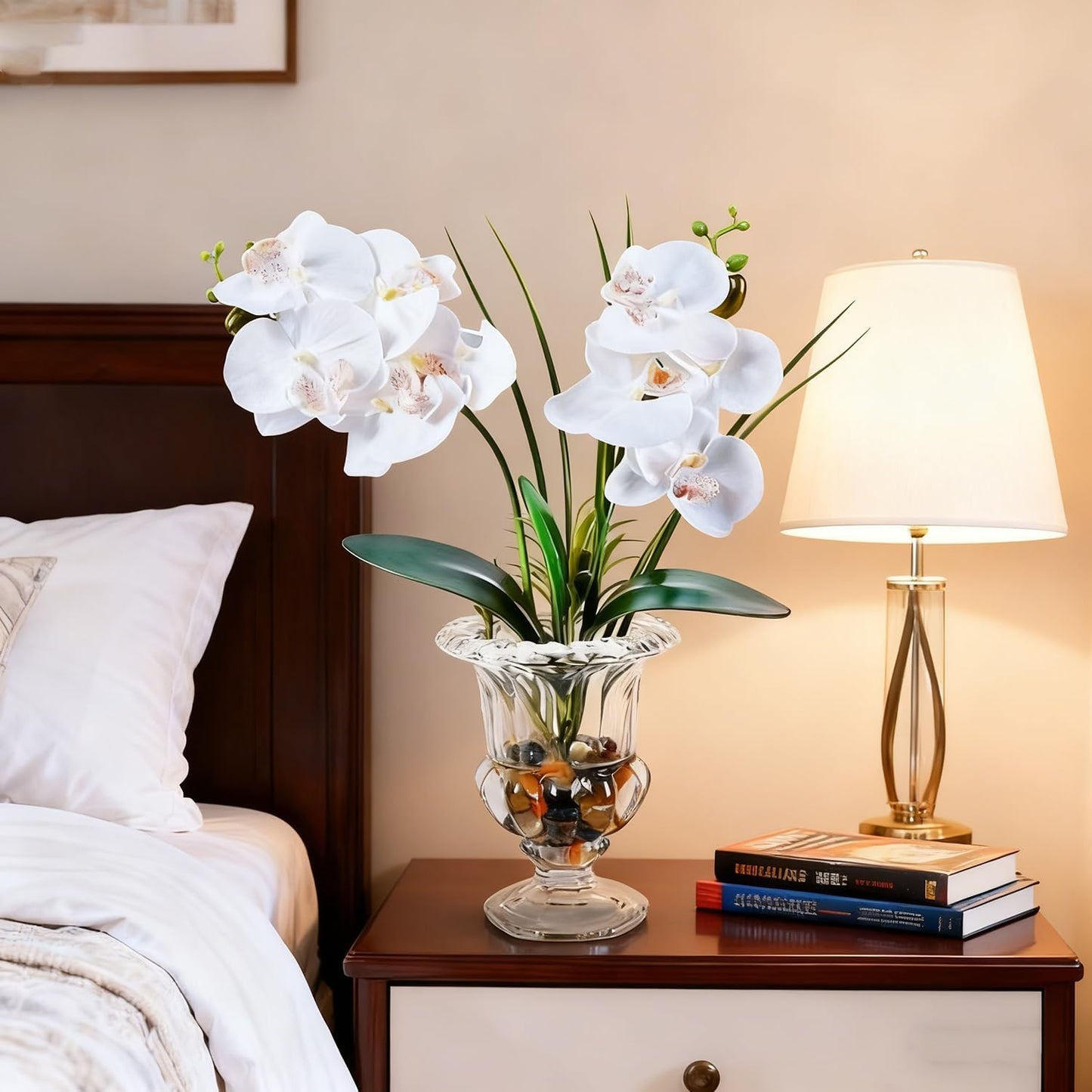 Jusdreen Artificial Purple Orchid in Glass Vase, Realistic Phalaenopsis Arrangement with Potting for Home Office Table Decor, 14.5 Inch Flower Centerpiece