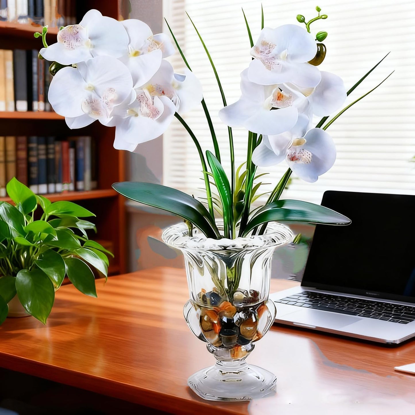 Jusdreen Artificial Purple Orchid in Glass Vase, Realistic Phalaenopsis Arrangement with Potting for Home Office Table Decor, 14.5 Inch Flower Centerpiece