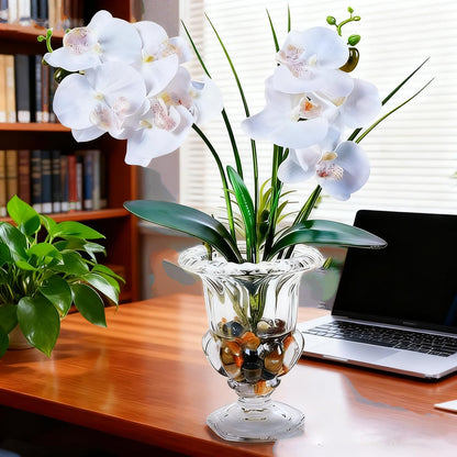 Jusdreen Artificial Purple Orchid in Glass Vase, Realistic Phalaenopsis Arrangement with Potting for Home Office Table Decor, 14.5 Inch Flower Centerpiece
