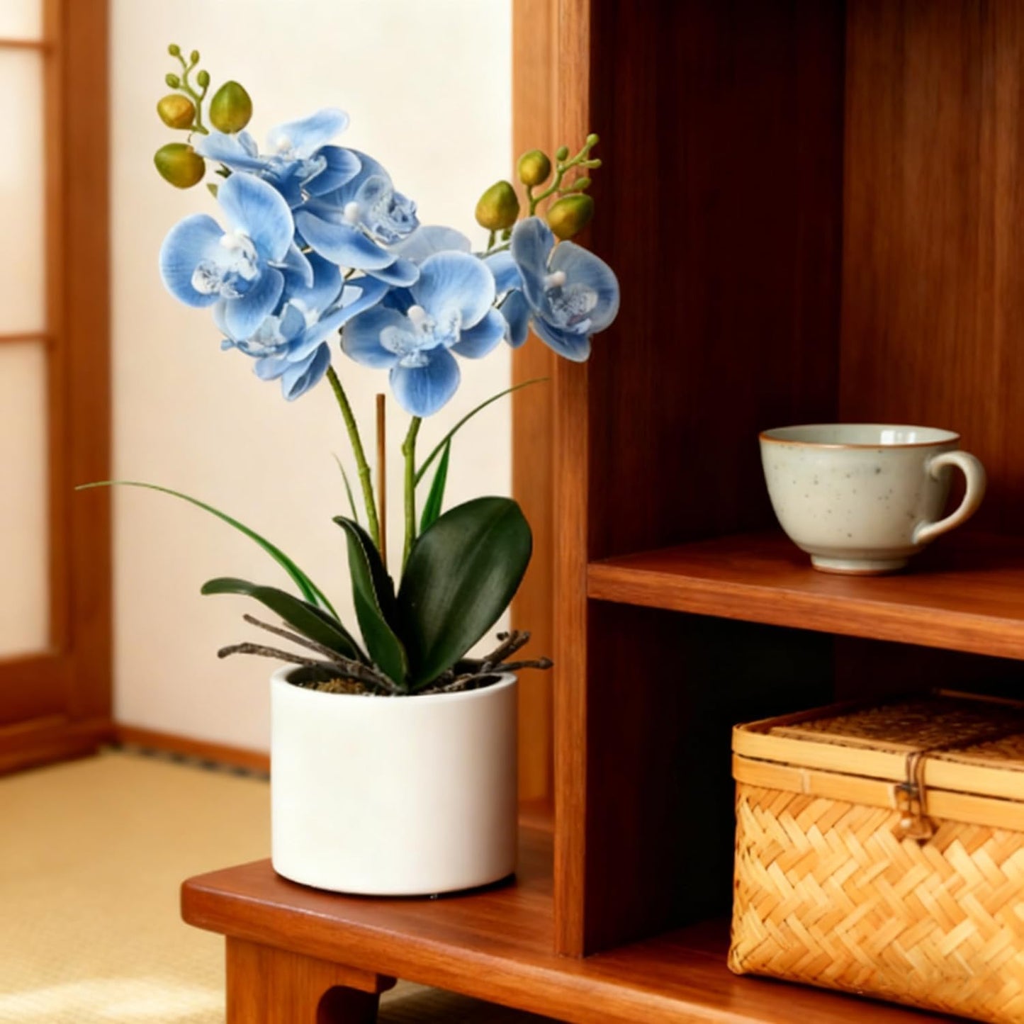 Jusdreen Artificial Purple Orchid in Glass Vase, Realistic Phalaenopsis Arrangement with Potting for Home Office Table Decor, 14.5 Inch Flower Centerpiece